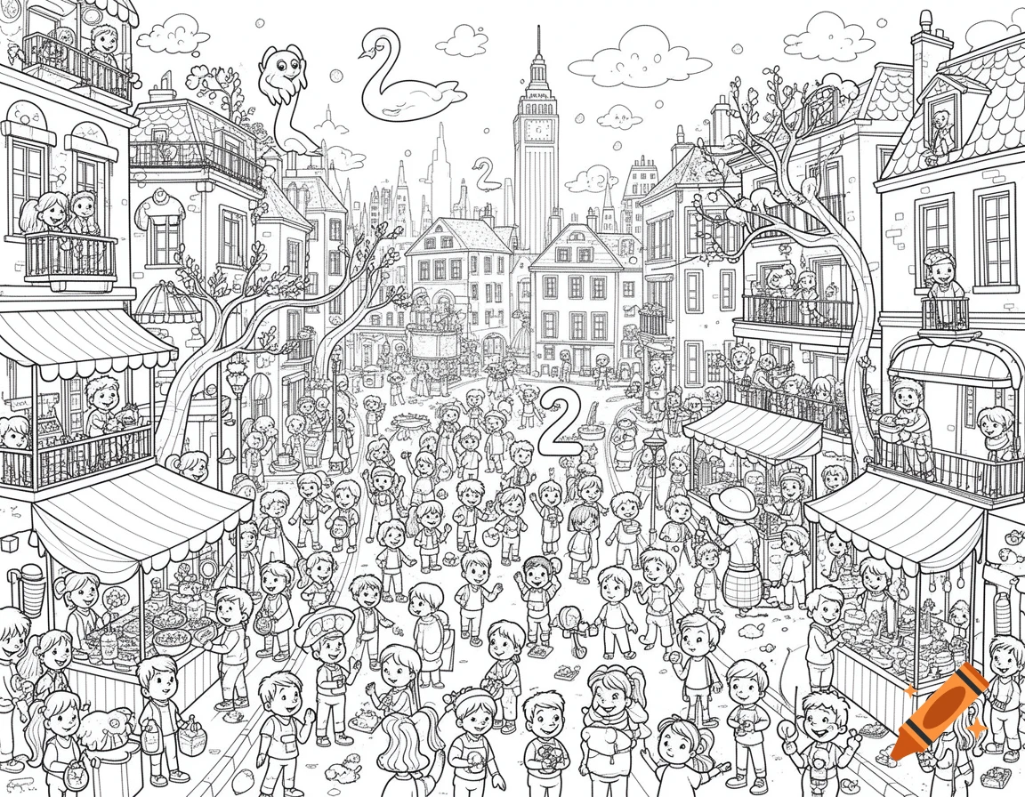 A detailed black and white cartoon hidden object scene of a bustling city street with many children, market stalls, buildings, and the number two.