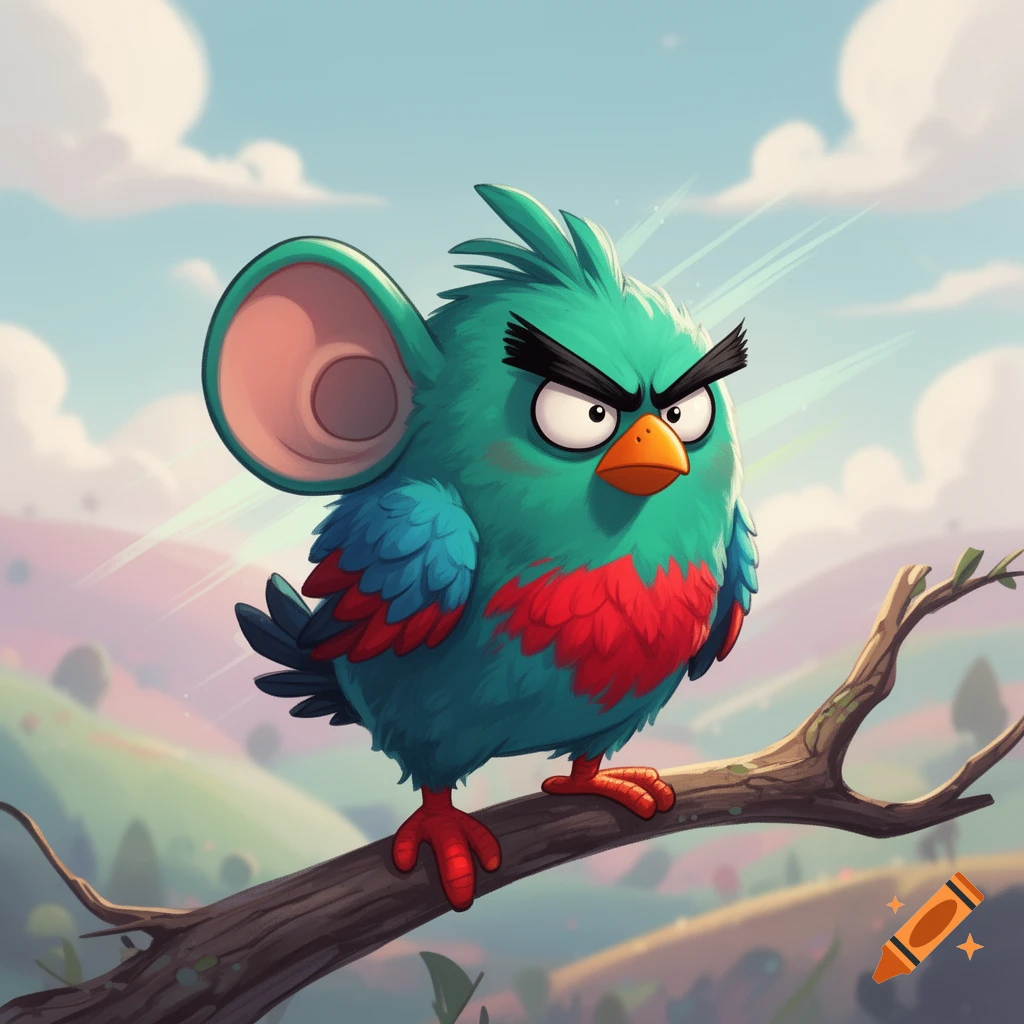 A cartoonish, teal bird with a large pink ear and red chest feathers perches on a branch, looking angry.