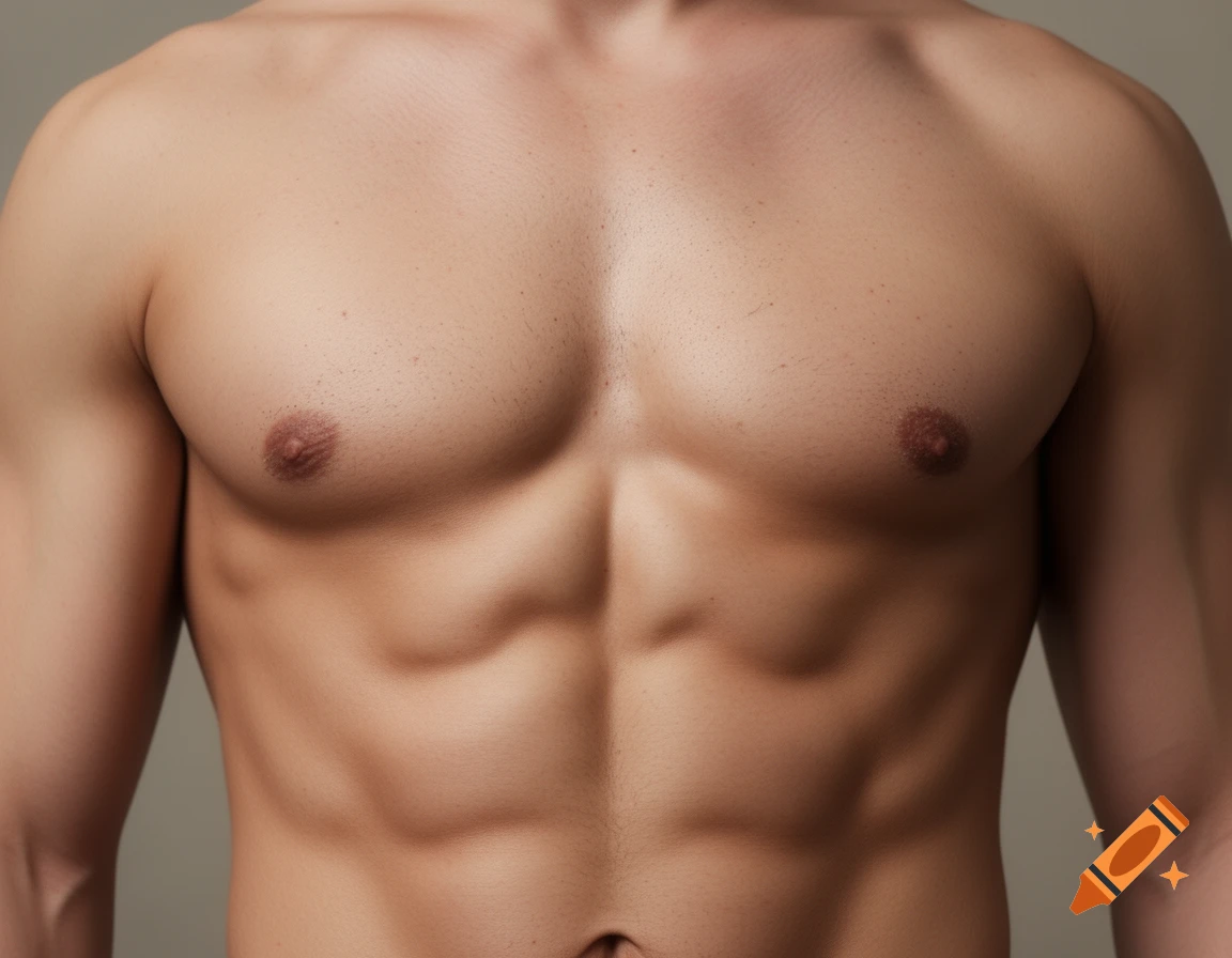 Close-up of a muscular male torso, showing toned chest and abdominal muscles against a plain background.