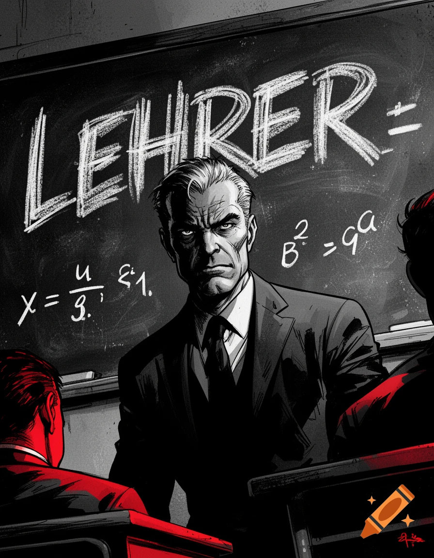 A stern teacher in a dark, gritty comic book style classroom, with 'LEHRER' and equations chalked on the blackboard.