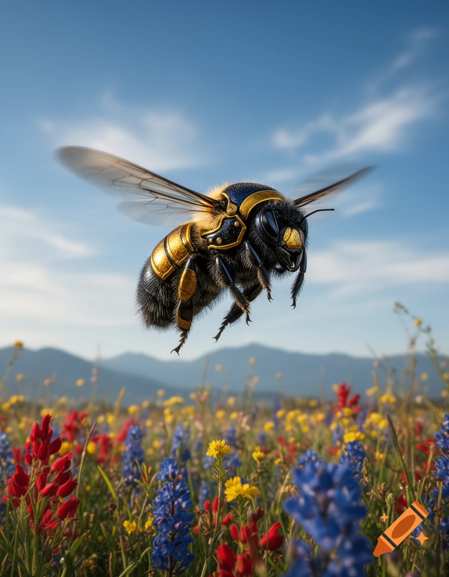 An armored bumblebee with golden and blue plating flies over a vibrant field of red, blue, and yellow wildflowers under a blue sky.