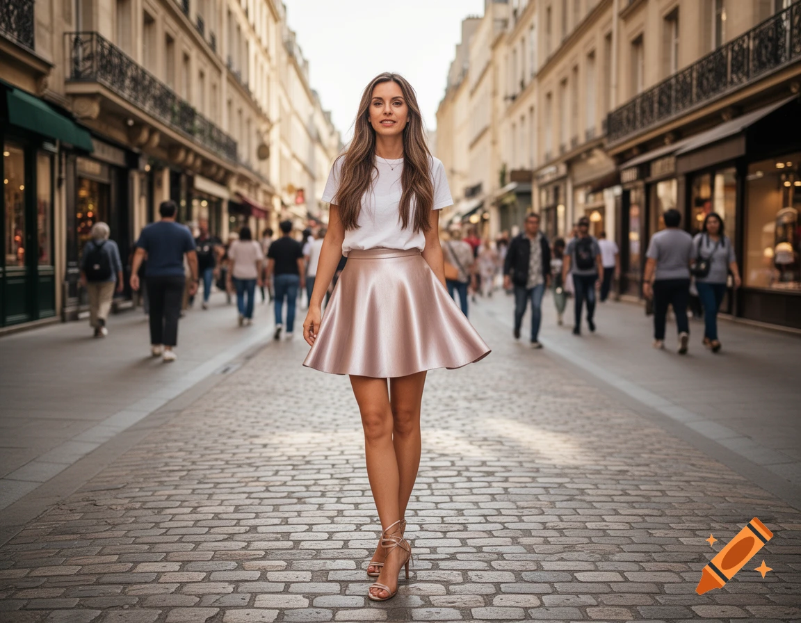 A woman in a white t-shirt and pink satin short skirt walks on a cobblestone street in a European city.
