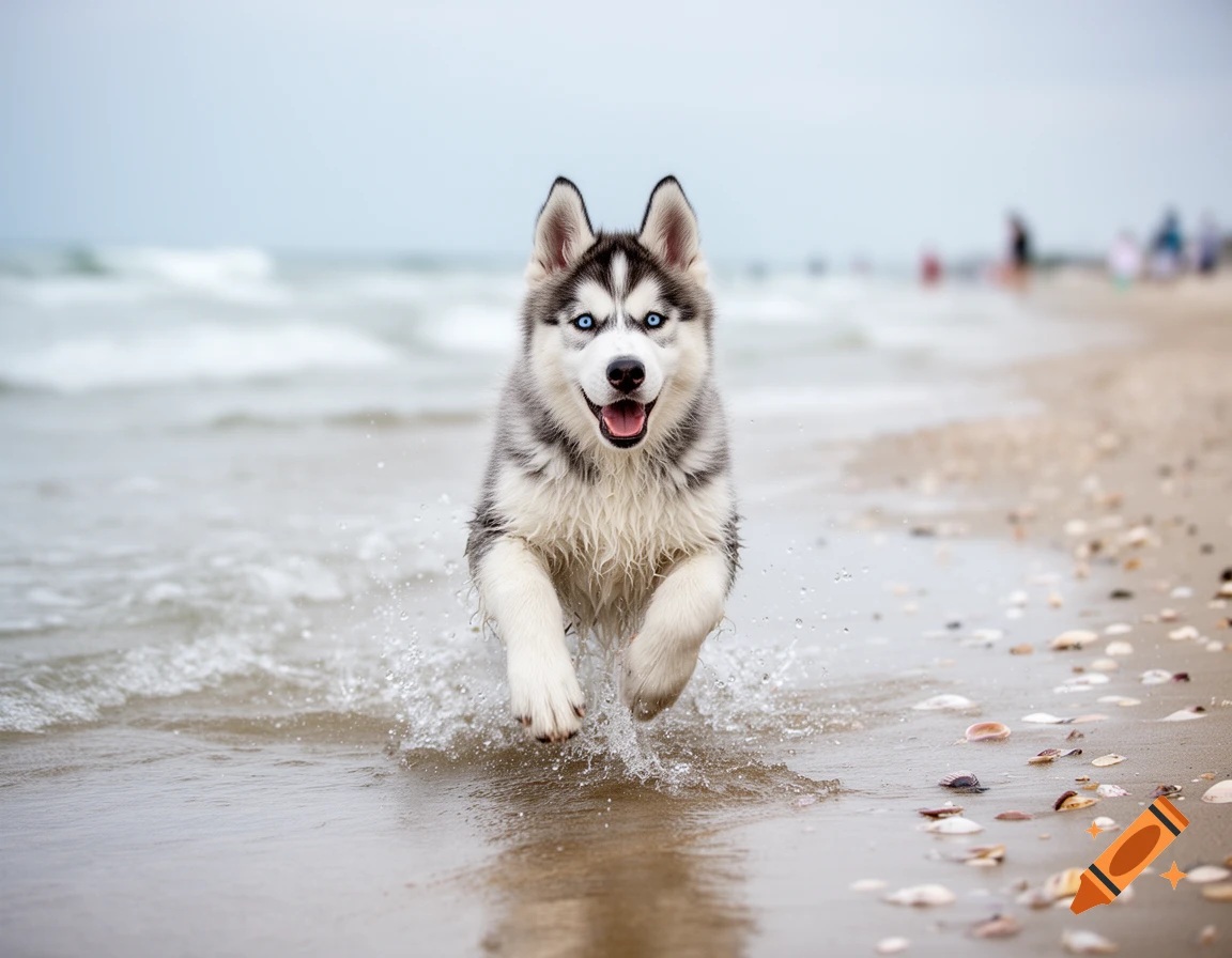 A joyful husky puppy with blue eyes splashes water running on a sandy beach.