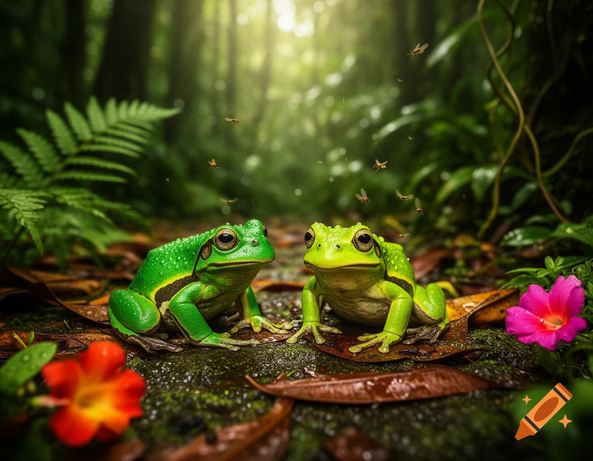 Two vibrant green frogs on a mossy jungle floor, surrounded by lush foliage and soft light, with small insects flying above.