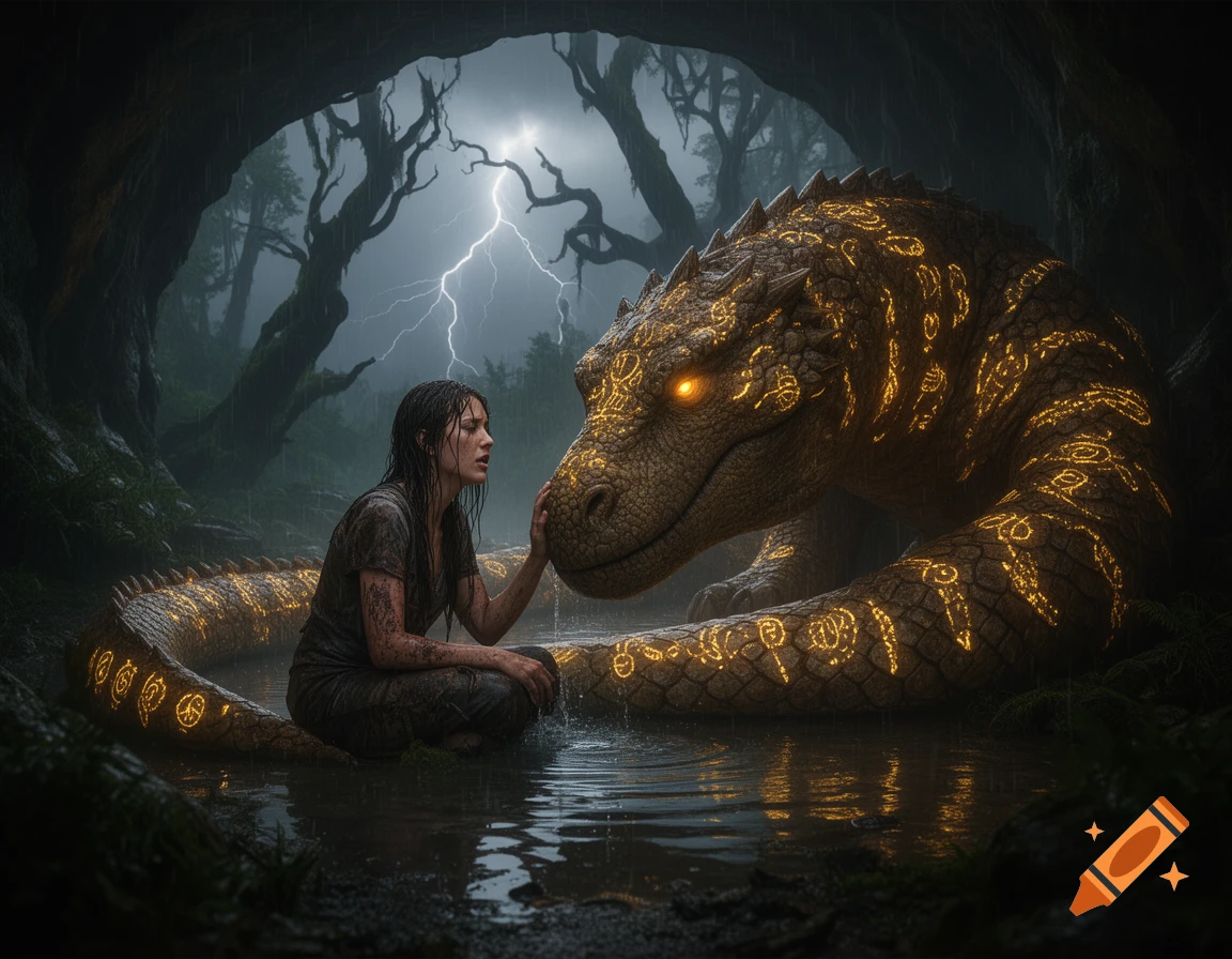 A woman sitting in a cave by water, gently touching the snout of a large, glowing dragon.