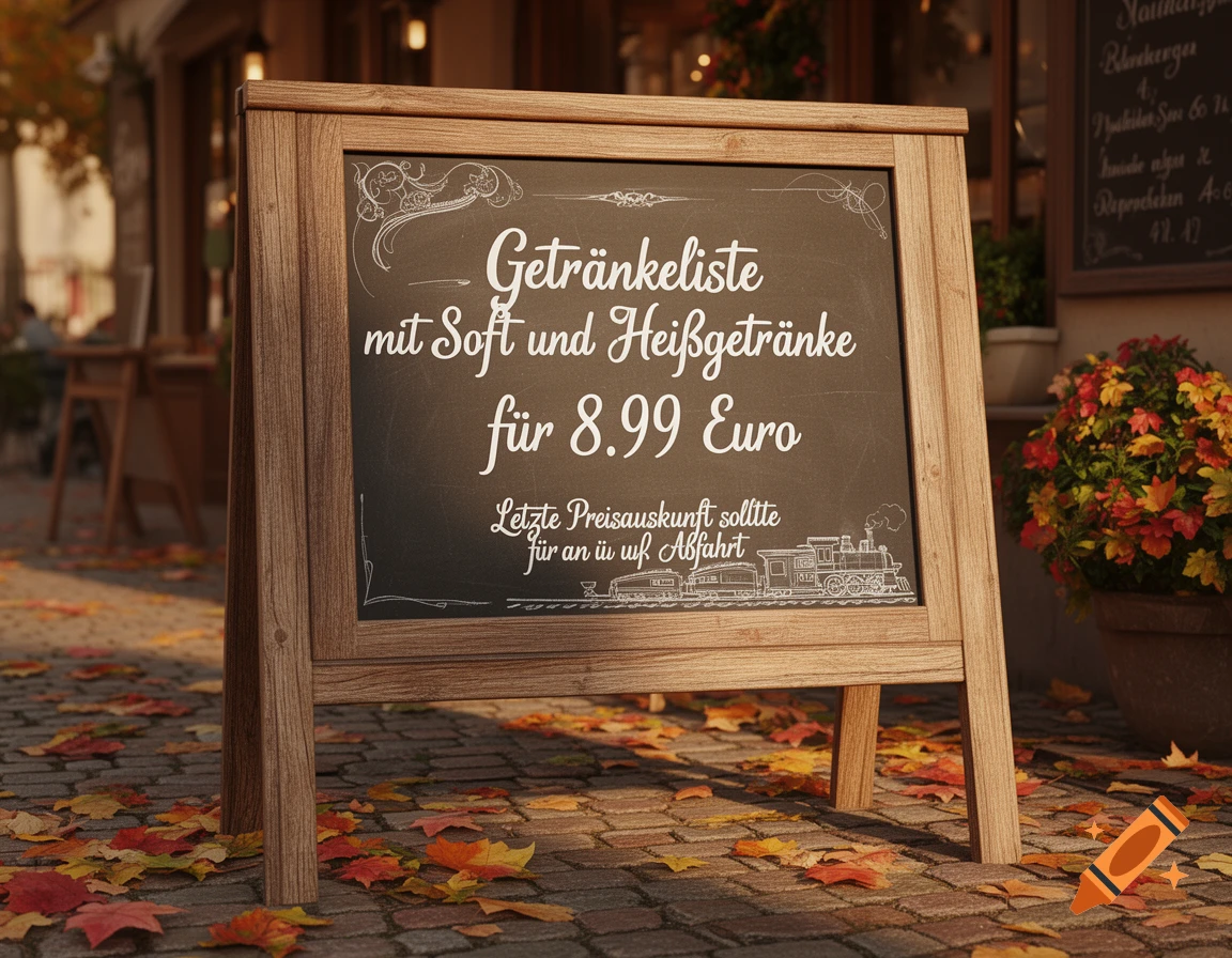 A wooden A-frame chalkboard sign stands on a brick sidewalk covered with autumn leaves, displaying a drinks menu and a price of 8.99 Euro. A potted plant is to the right.