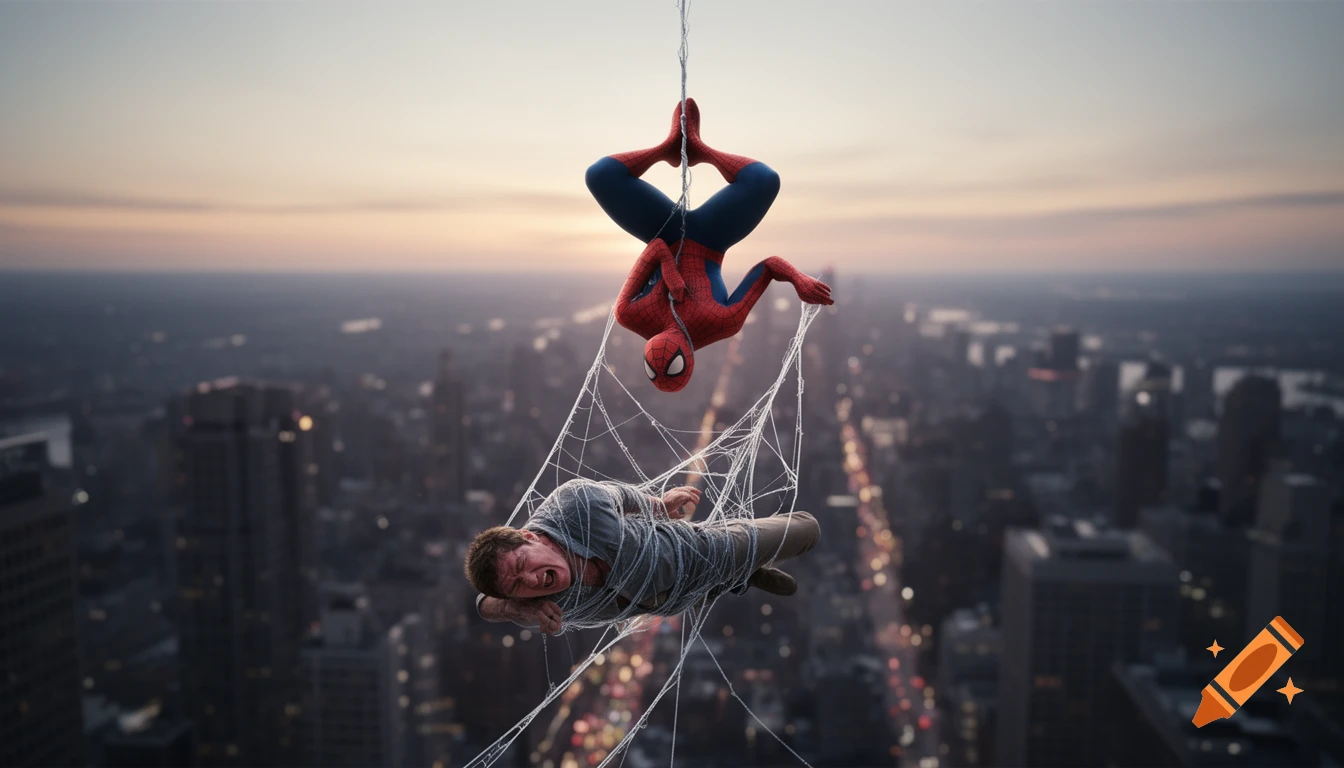 Spider-Man hangs upside down, holding a web-bound man screaming over a city at sunset.