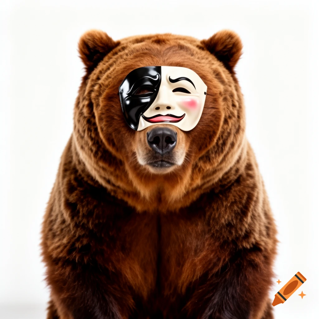 A photorealistic brown bear wearing a black and white theatrical mask on a white background, looking directly forward.
