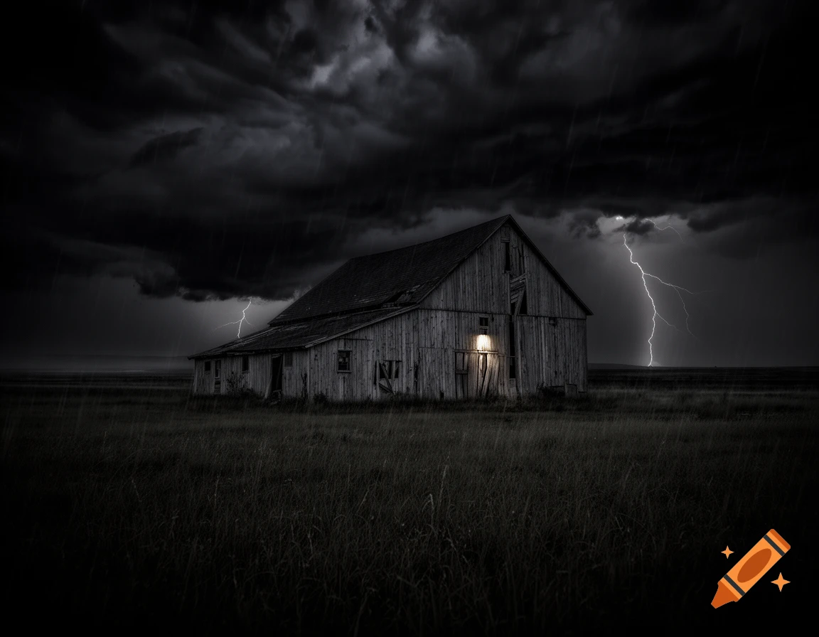 A dilapidated wooden barn in a dark field at night, stormy sky with lightning, light glowing from the door.