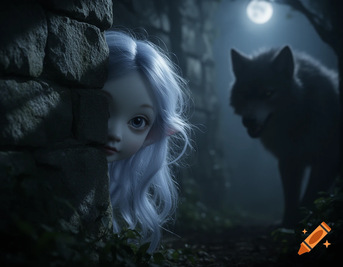 A doll-like girl with light blue hair peeps from behind a stone wall, looking at a silhouetted wolf in a dark, moonlit forest. Photorealistic.