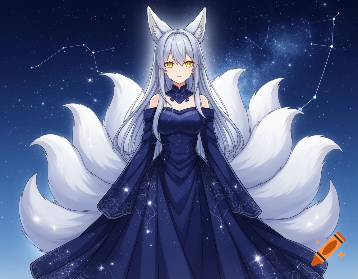 Anime fox girl with long silver hair, golden eyes, and multiple white tails, wearing a dark blue starry gown against a celestial background with constellations.