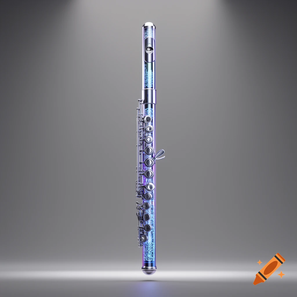 A metallic and translucent futuristic flute with glowing blue and purple internal circuits, standing upright against a grey background.