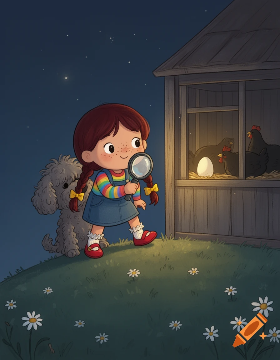A cartoon girl with a dog peers into a chicken coop with a magnifying glass at night, surrounded by daisies.