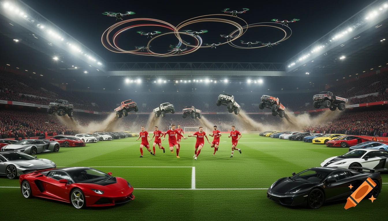 A stadium with soccer players in red uniforms on the field, surrounded by luxury sports cars. Monster trucks jump in the background, kicking up dirt, while drones fly above, creating light trails.