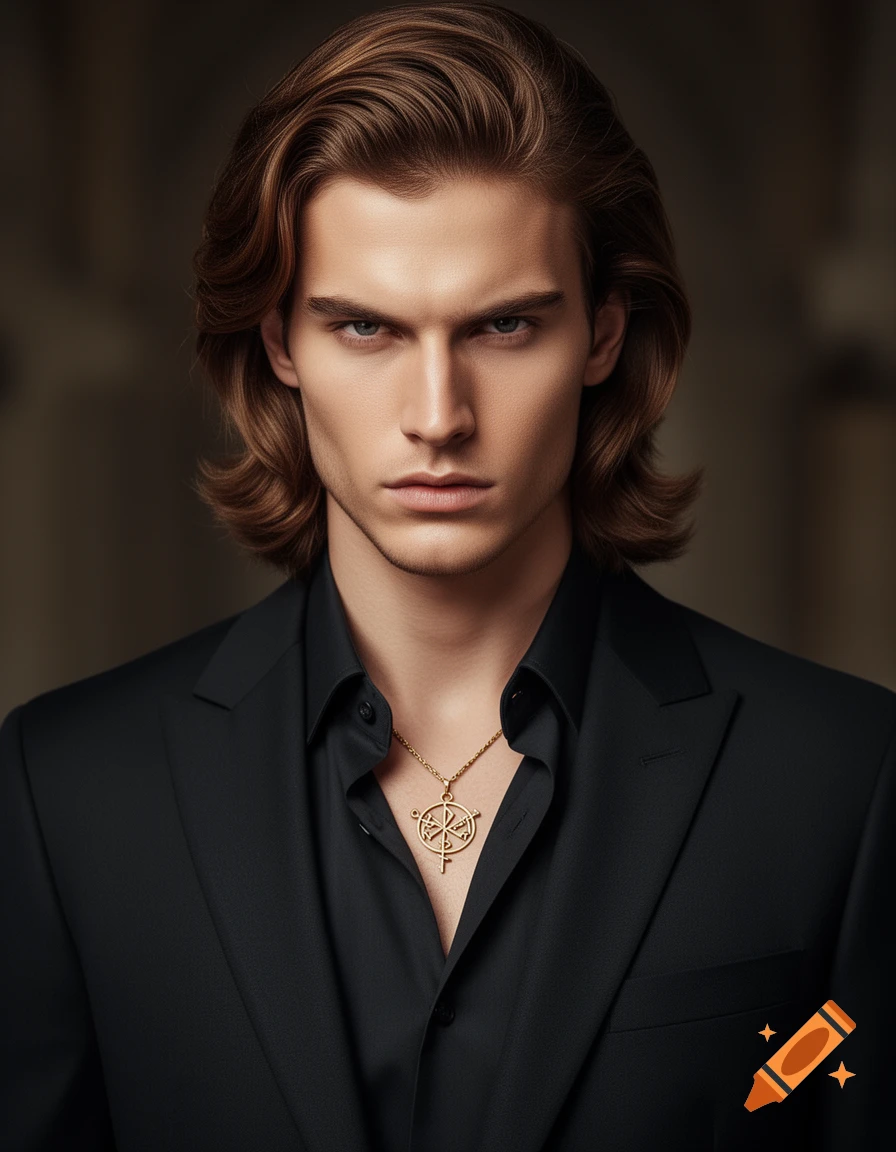 A photorealistic portrait of a young man with long brown hair, wearing a black suit, an open shirt, and a gold runic pendant.