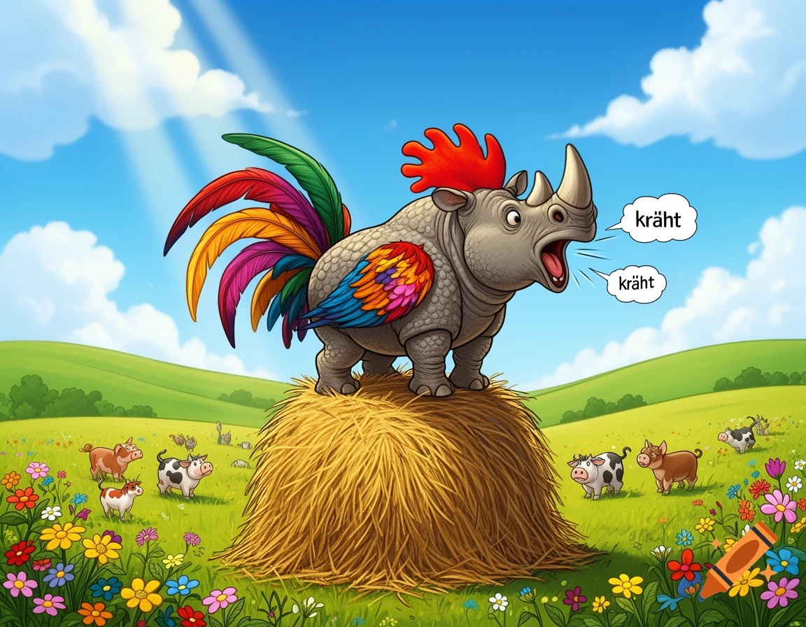 A vibrant cartoon rhino with a red comb and colorful tail feathers stands on a haystack, crowing "kräht" in a flower-filled field with farm animals.