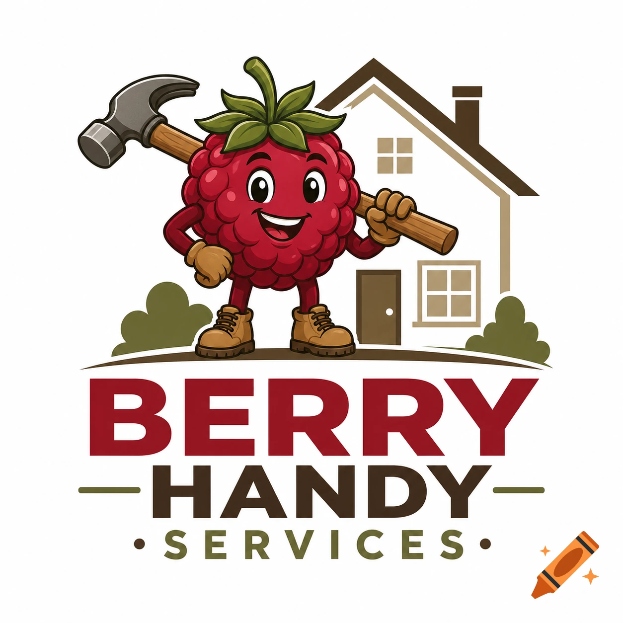A cartoon raspberry mascot wearing boots holds a hammer in front of a house silhouette, with the logo text "BERRY HANDY SERVICES".