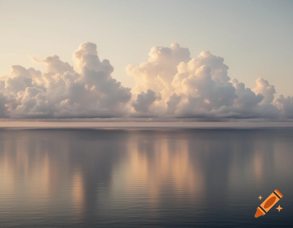Fluffy cumulus clouds reflected in calm ocean water under a soft, pastel sky at dawn or dusk.