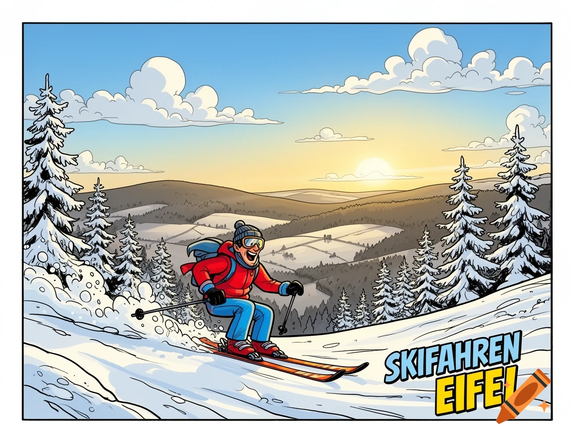 A happy cartoon skier descends a snowy mountain slope at sunset, with pine trees and distant hills. The text "SKIFAHREN EIFEL" is visible.