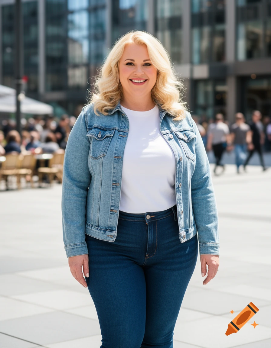A smiling blonde woman in a denim jacket, white t-shirt, and blue jeans stands on a city street.