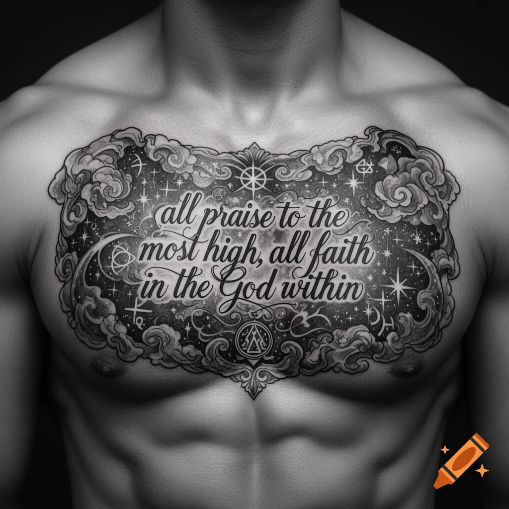 Black and white photo of a muscular man's chest adorned with a detailed tattoo featuring clouds, stars, and text.