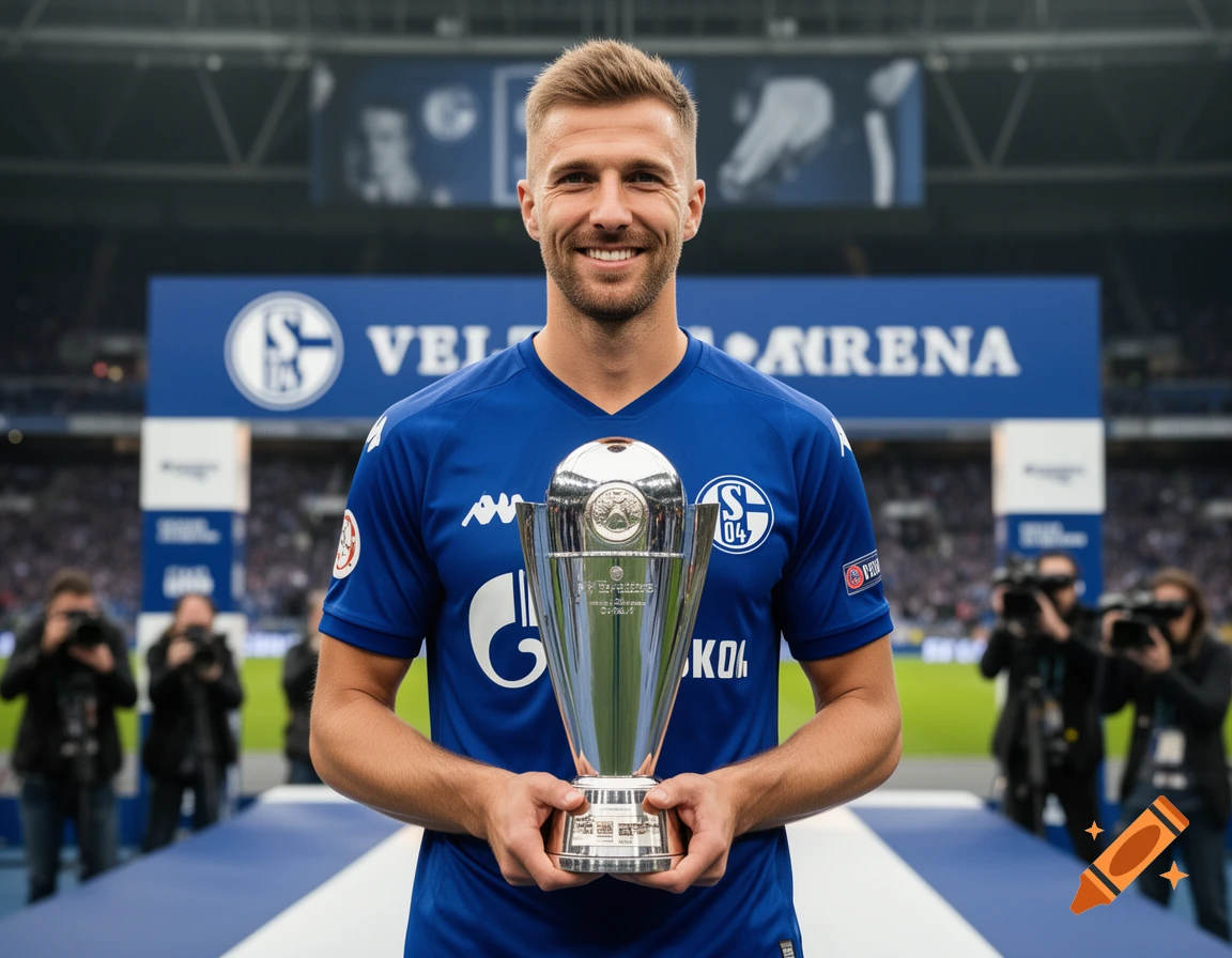 Professional sports photograph of a smiling male soccer player in a blue jersey holding a silver trophy in a stadium.