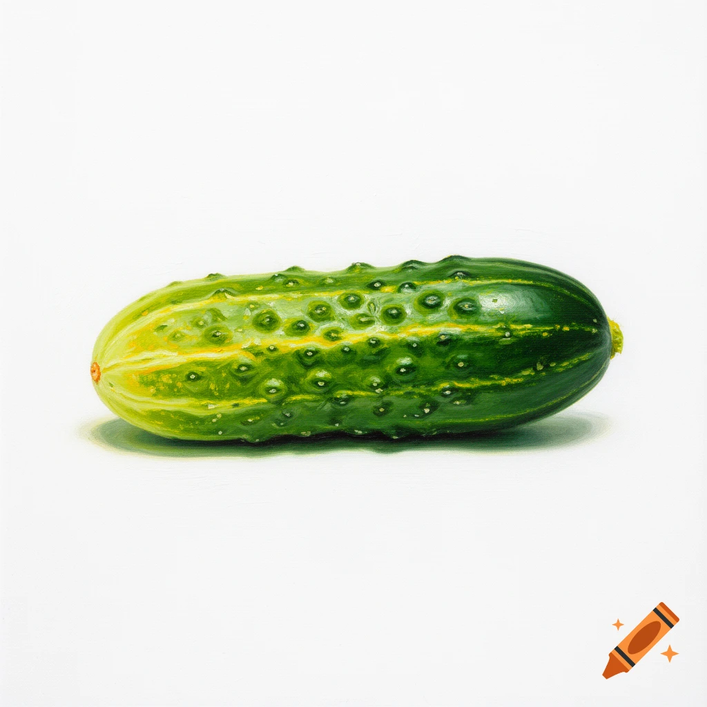 A hand-painted oil painting of a single green cucumber with yellow accents and a bumpy texture, set against a white background.