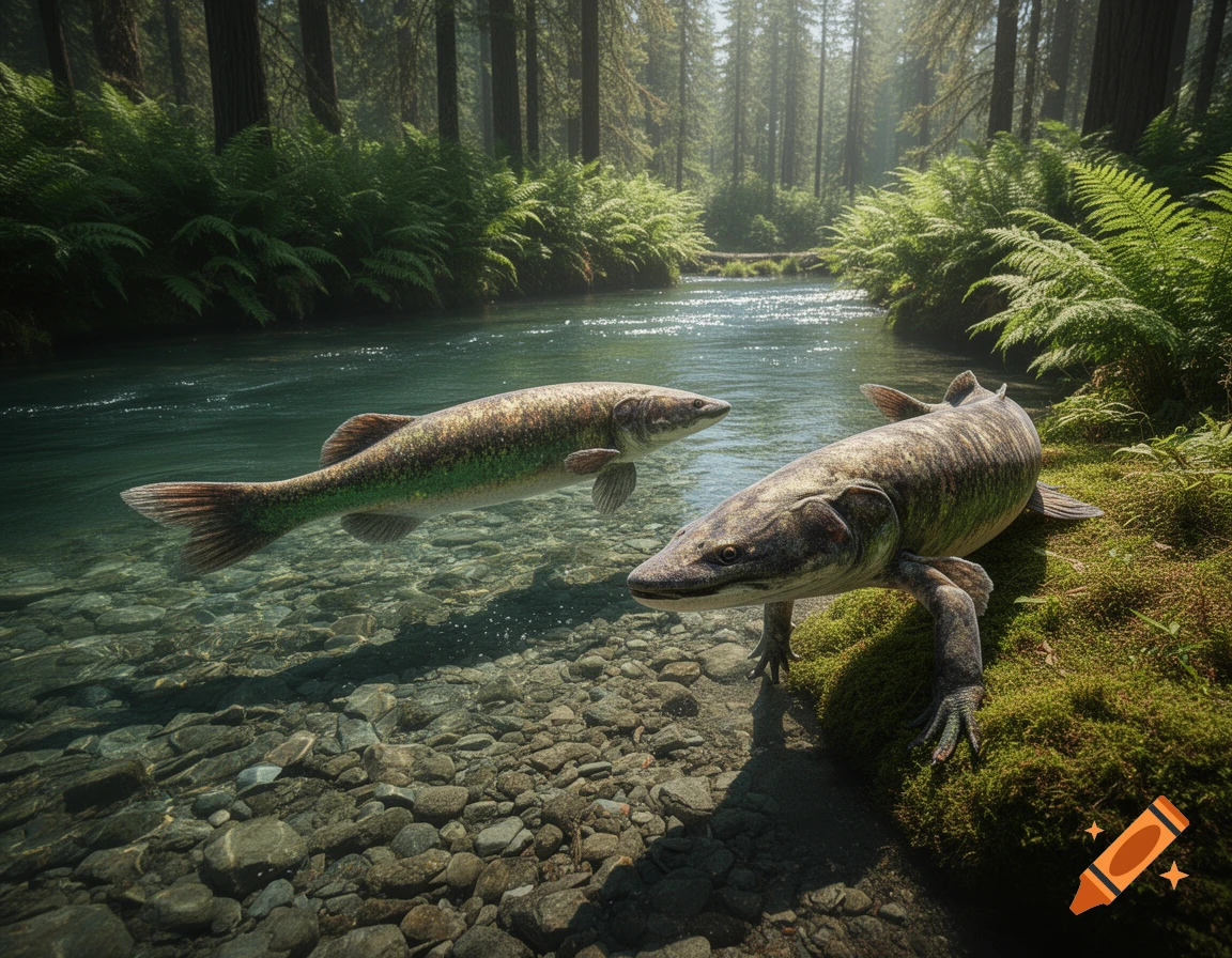 A photorealistic depiction of two Tiktaalik creatures, one swimming in a clear river and another resting on a mossy bank in a sunlit forest.