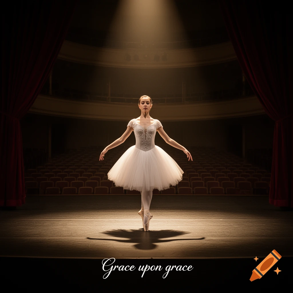 A graceful ballerina in a white tutu stands en pointe on a dark stage, illuminated by a spotlight, with empty theater seats in the background.