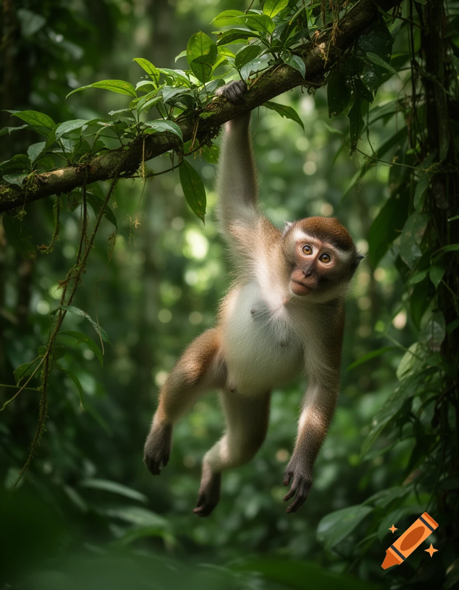 A light brown monkey with a white belly hangs from a tree branch in a lush green jungle, looking forward.