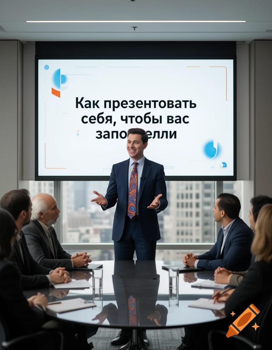 A man in a suit presents to colleagues in a modern office, with Russian text on a large screen.