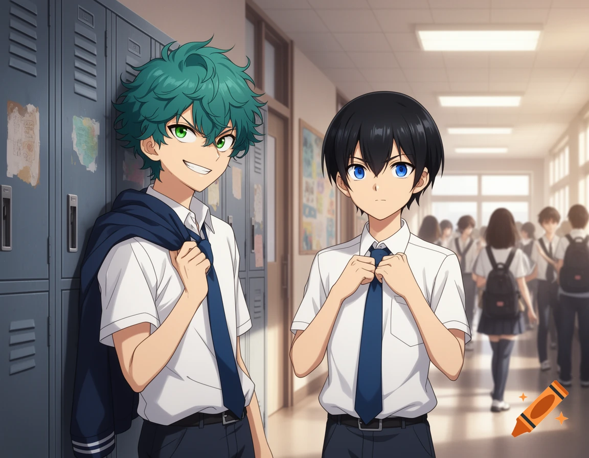 Two anime boys in school uniforms stand by lockers in a school hallway, with other students in the background.