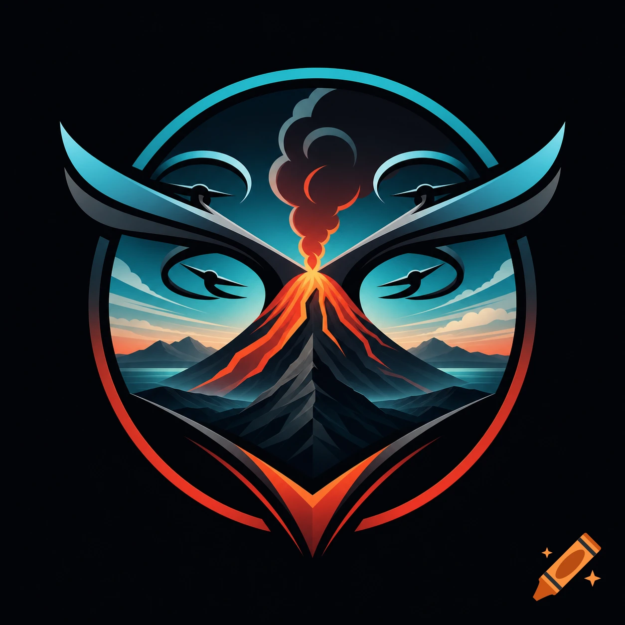 Minimalist vector logo of an erupting volcano within abstract blue wing-like shapes against a scenic sky.