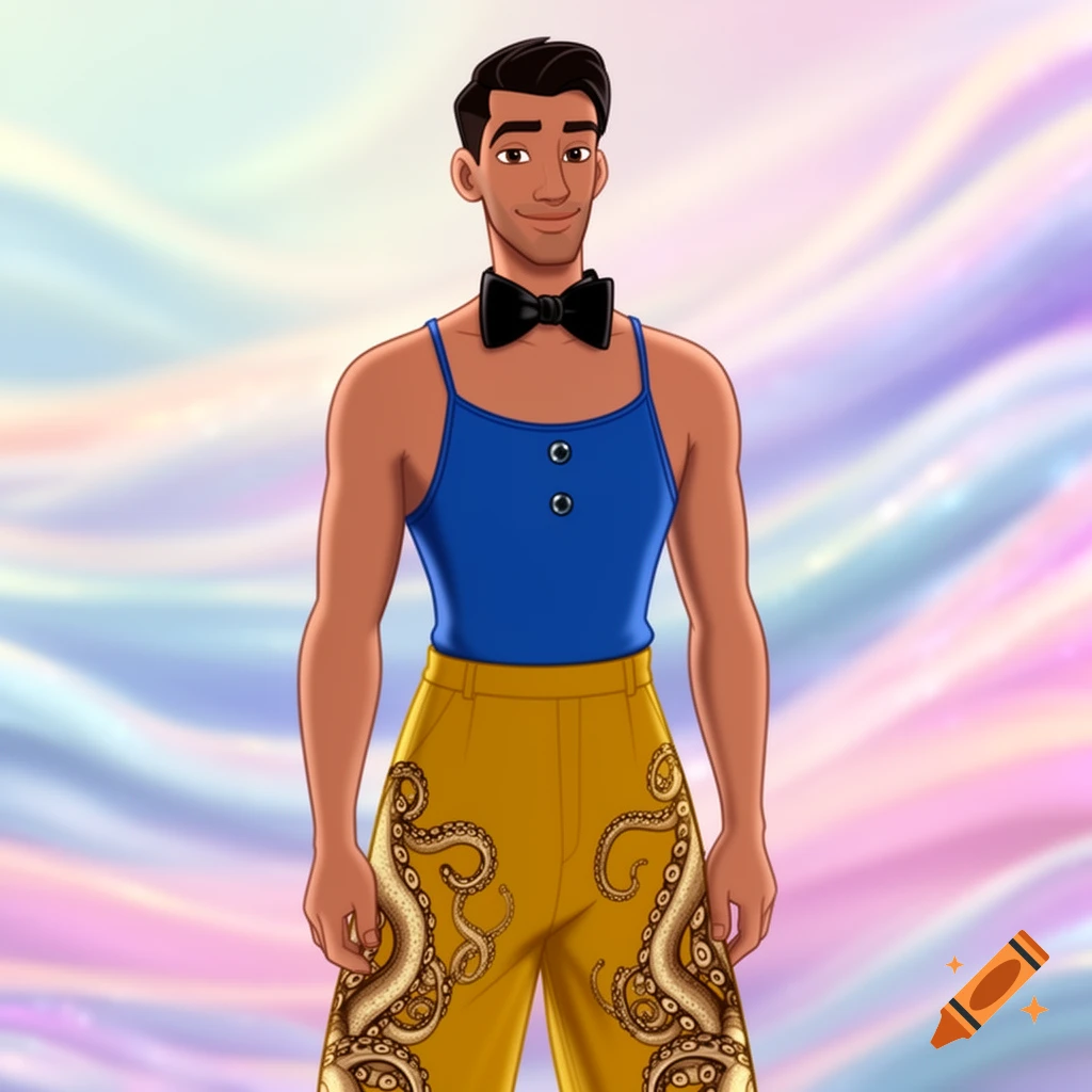 A smiling cartoon man with dark hair in a blue camisole, black bow tie, and yellow octopus-patterned pants.