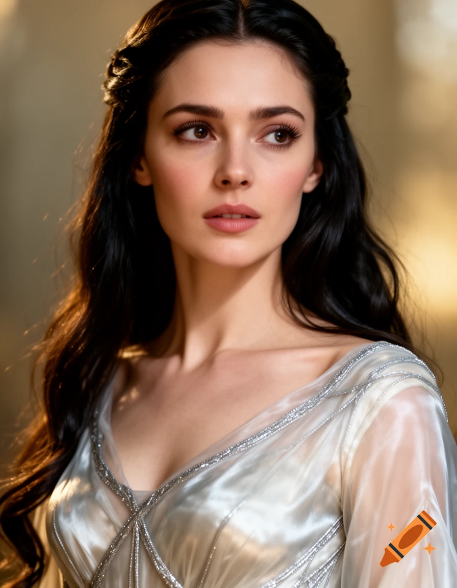 Photorealistic portrait of a woman with long dark hair, wearing a flowing, embellished, translucent white and silver gown.