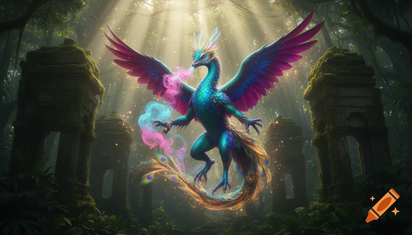 A majestic iridescent Fairy Dragon with blue, magenta, and gold plumage, exhaling pink and blue mist, in a sunlit jungle with ancient mossy ruins.