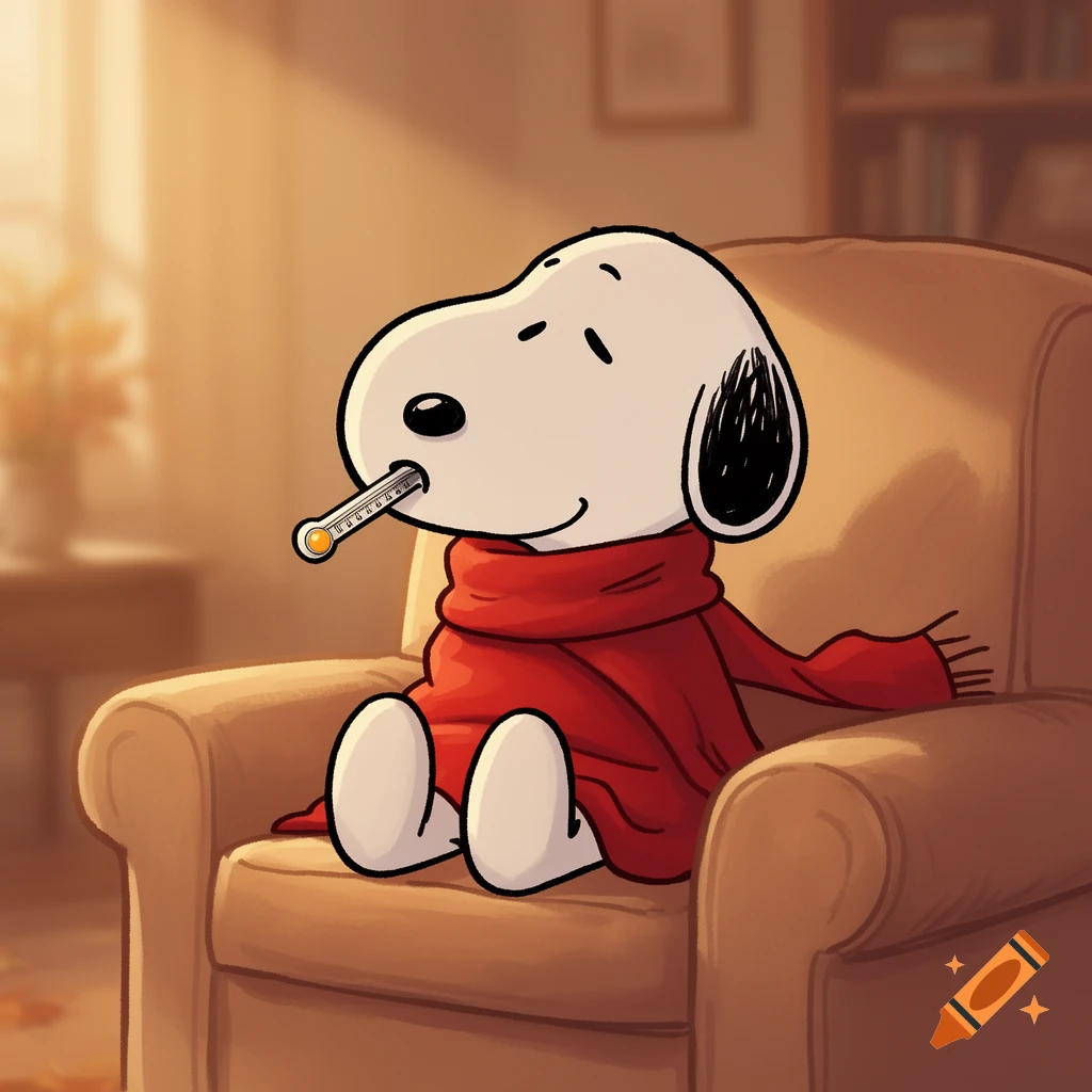 Snoopy sits on a chair, wrapped in a red scarf, with a thermometer in his mouth, looking sick.