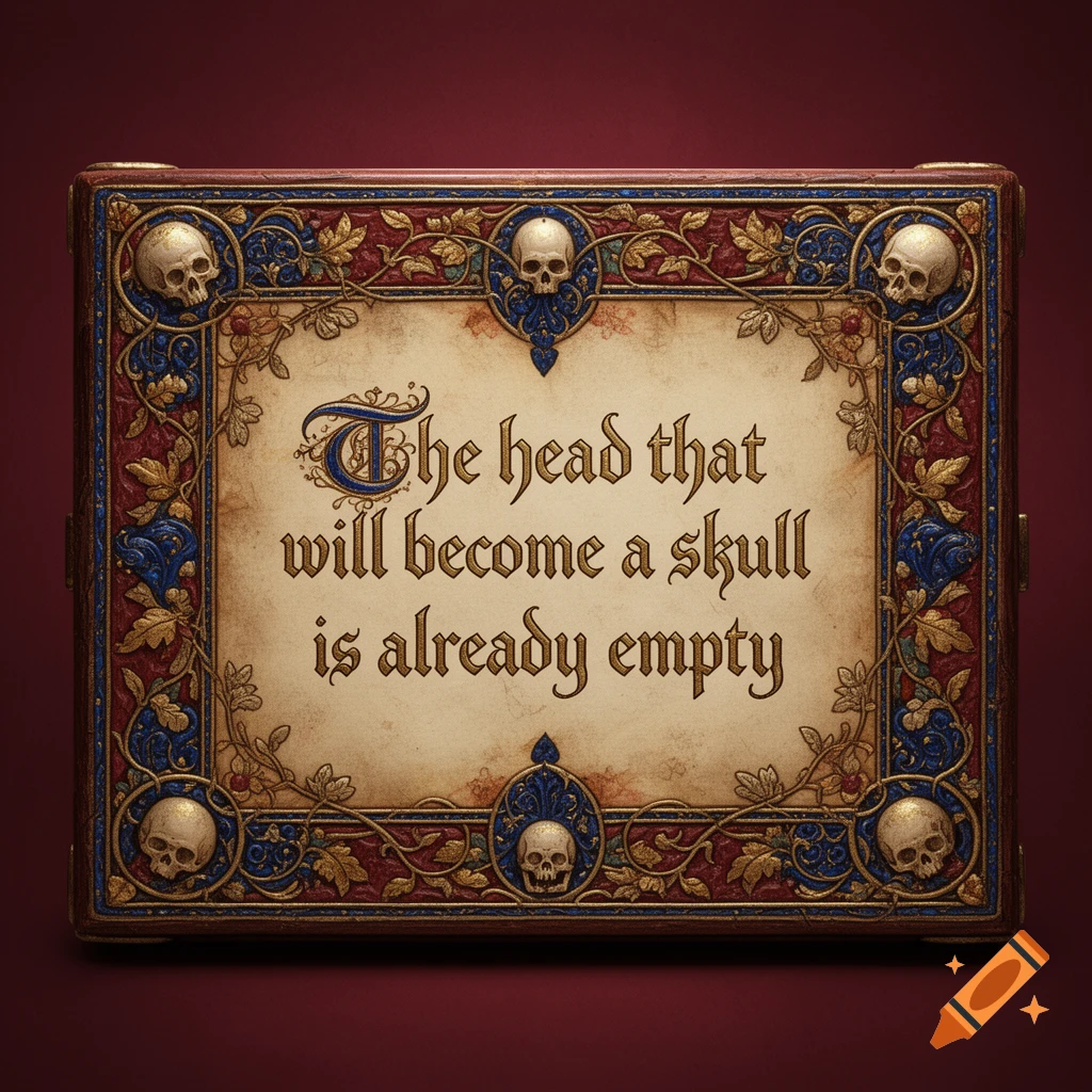 An ornate, illuminated manuscript-style box with gilded skulls and blue accents, displaying the quote 'The head that will become a skull is already empty'.