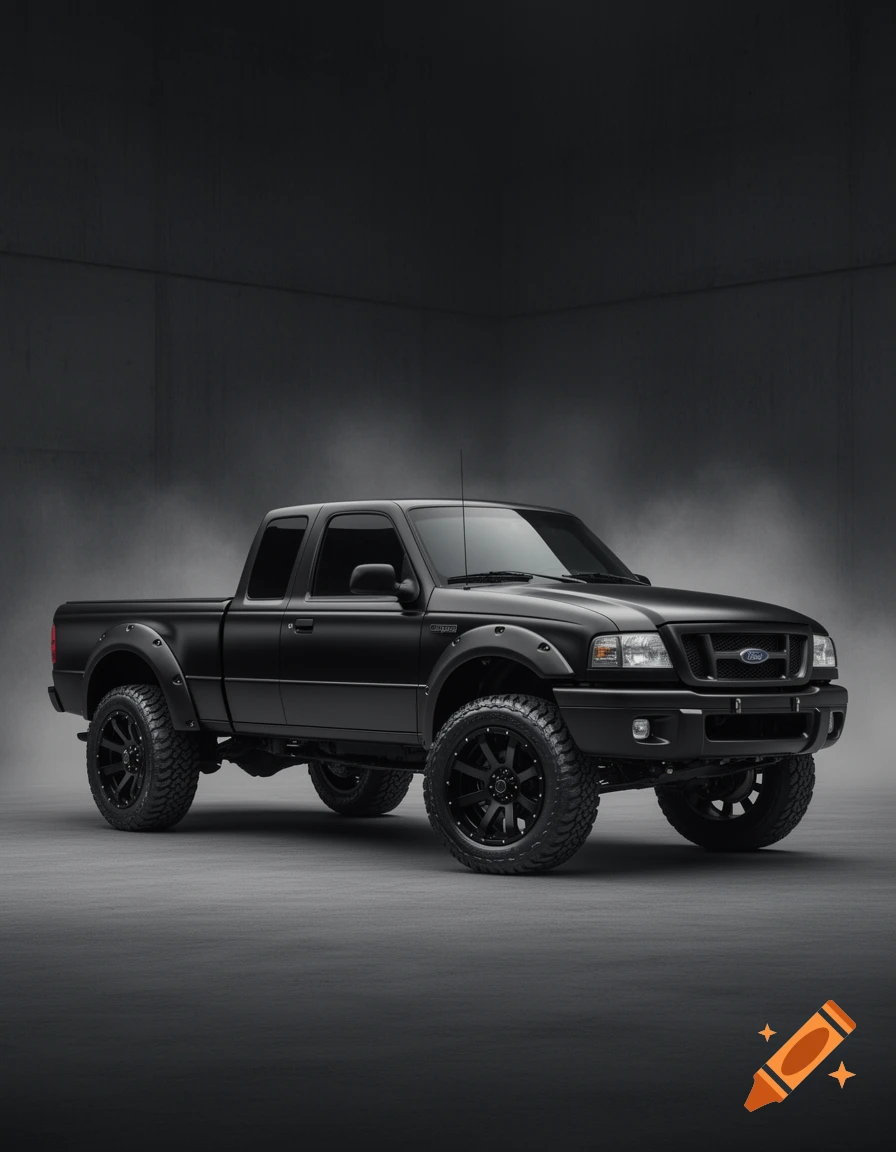 Photorealistic image of a matte black lifted Ford Ranger pickup truck with custom black wheels parked in a dark industrial garage.