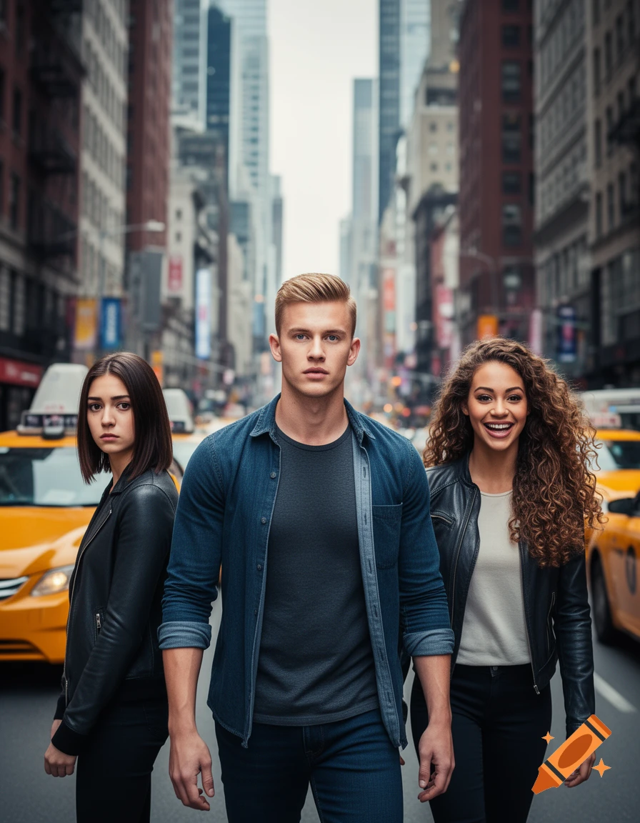 A blonde man walks between a serious woman and a smiling woman on a busy New York City street, in a photorealistic style.
