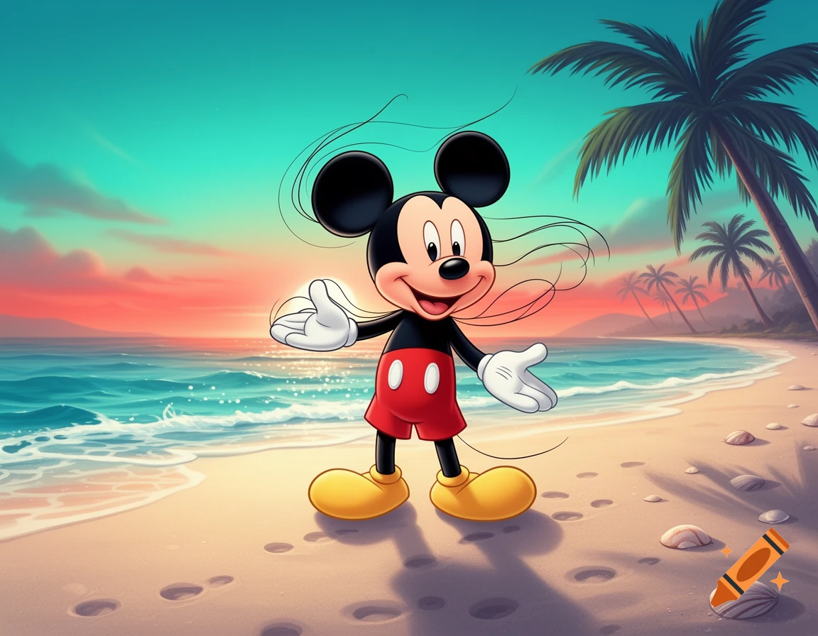 Mickey Mouse stands on a tropical beach with open arms, a colorful sunset sky and palm trees in a cartoon illustration.