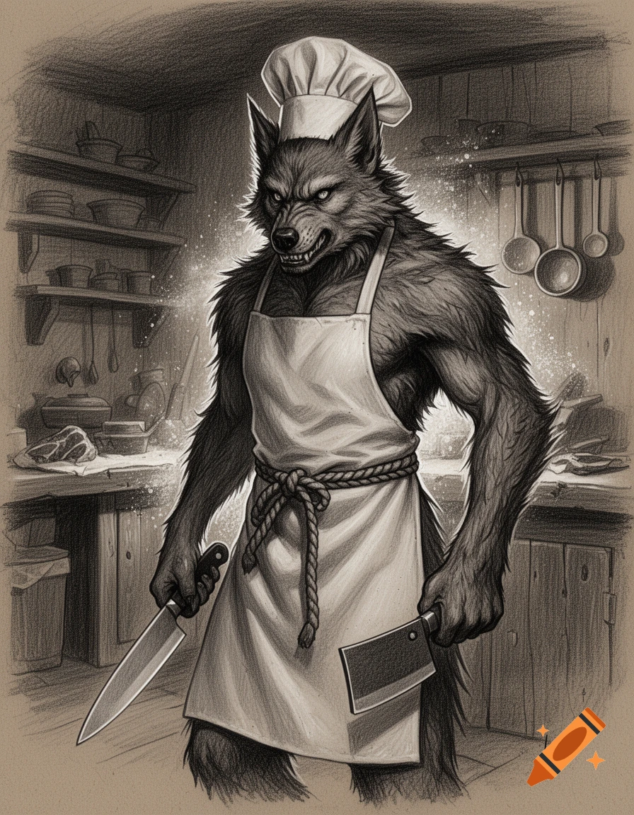 Charcoal sketch of a werewolf wearing a chef's hat and apron, holding a butcher knife and cleaver in a rustic kitchen.