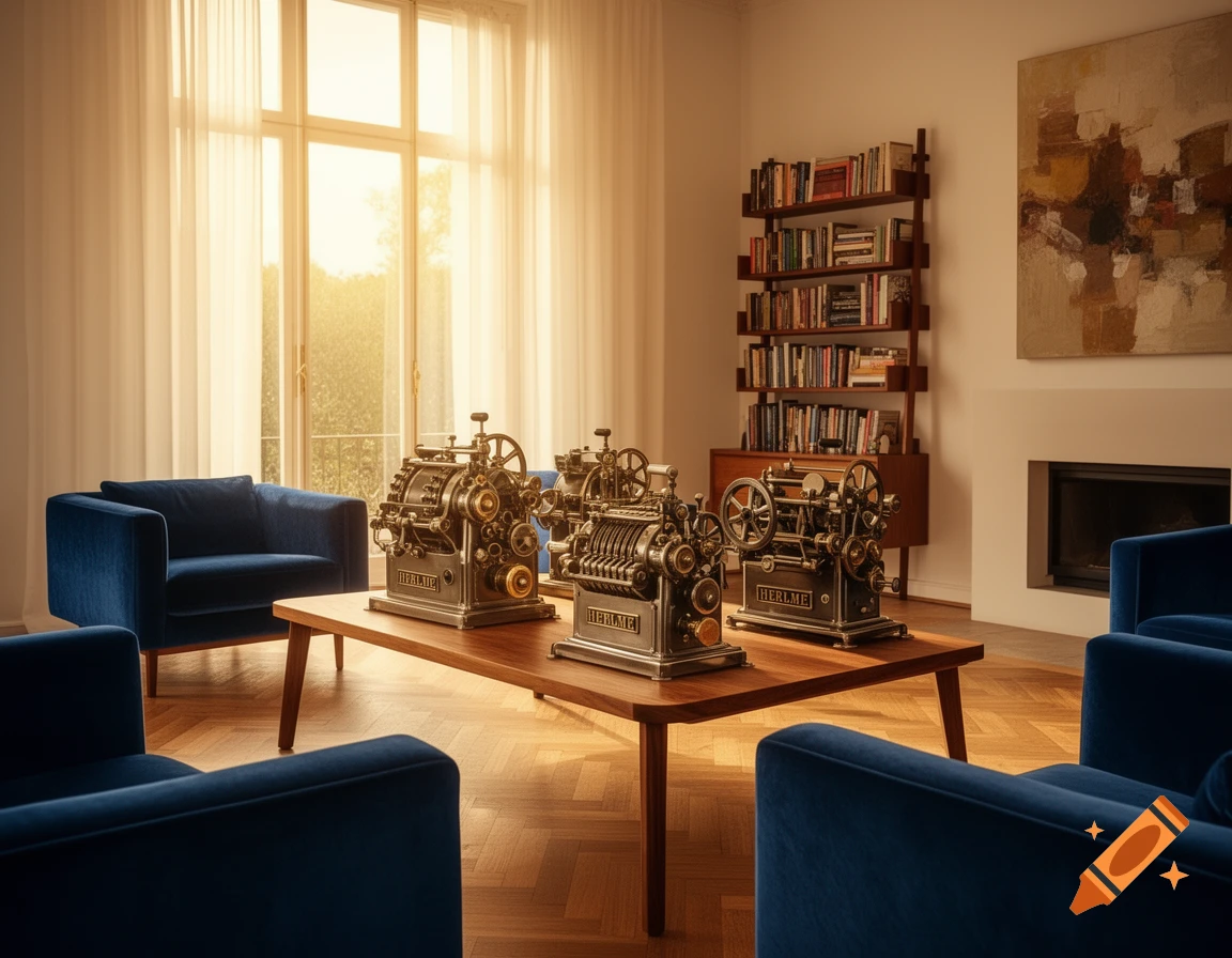 Sunlit living room with blue velvet chairs, a wooden table, and three vintage mechanical 'Herlme' machines. A bookshelf and fireplace are in the background.