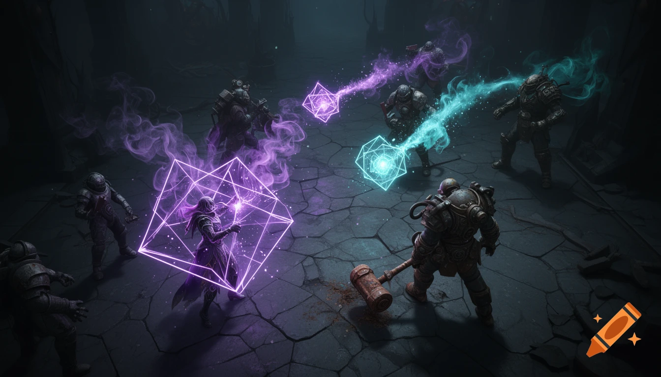 A techno-sorcerer casts glowing purple geometric energy spells against dieselpunk fighters in weathered armor on a dark, cracked stone battlefield.