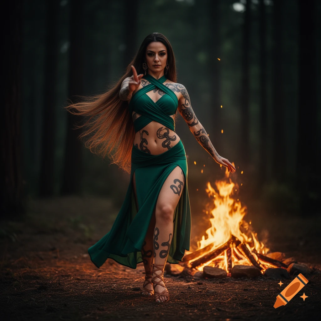 A woman with long hair and snake tattoos in a green dress poses by a campfire in a dark forest, photorealistic style.