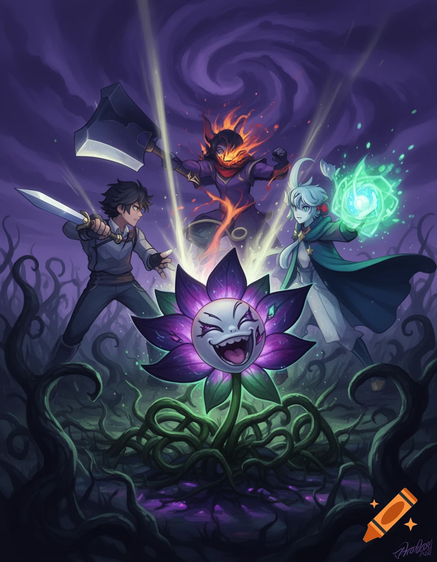 Anime fantasy illustration of three heroes, including a swordsman and a mage, battling a grinning purple flower amidst twisted vines and a dark, swirling sky.