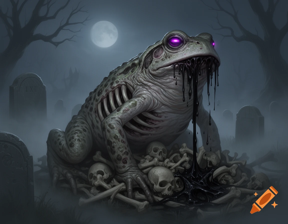 A grotesque fantasy toad with glowing purple eyes and black slime dripping from its mouth, perched on a pile of bones in a foggy graveyard under a full moon. Digital painting.