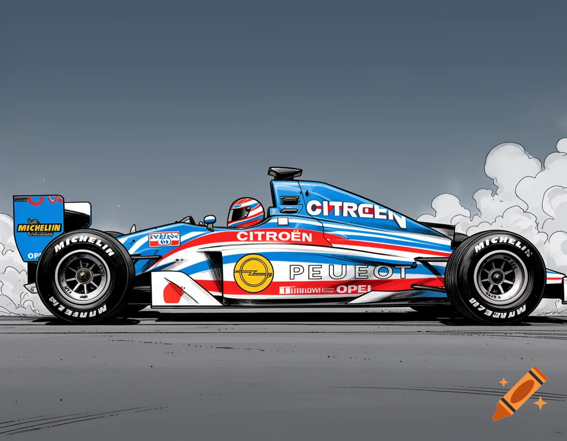 A comic-style illustration of a blue, red, and white Formula 1 race car with a driver, featuring various brand logos and tire smoke, depicted in a side view.