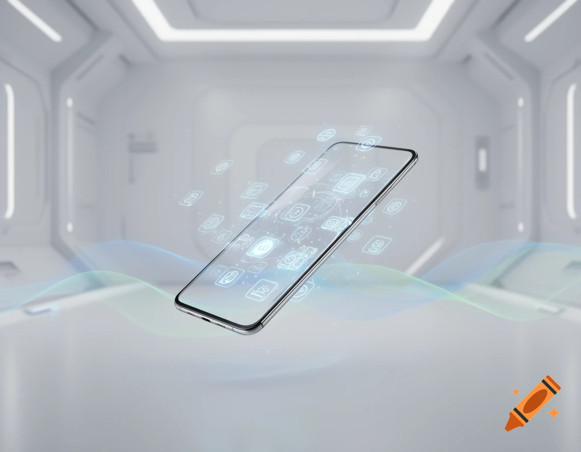 A sleek, futuristic smartphone floats in a white room, with glowing blue app icons and wavy blue and green light trails.