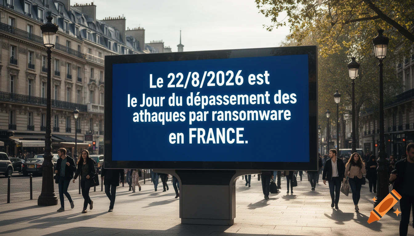 A street scene in a European city featuring a large digital billboard displaying text about ransomware attacks in France.